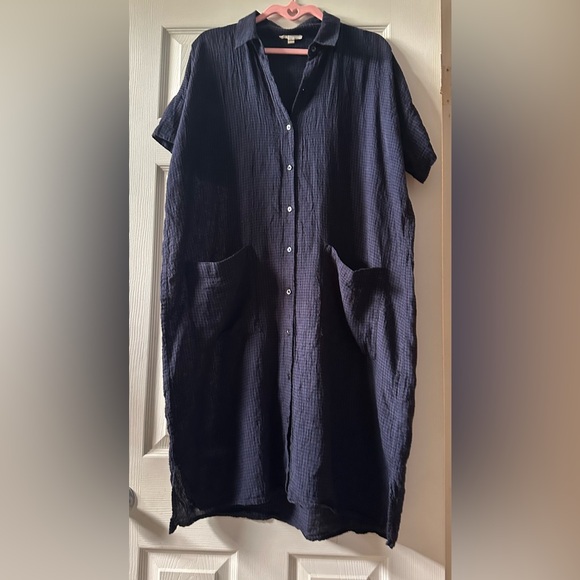 Eileen Fisher Navy Button-Up Shirt Dress - Picture 3 of 6